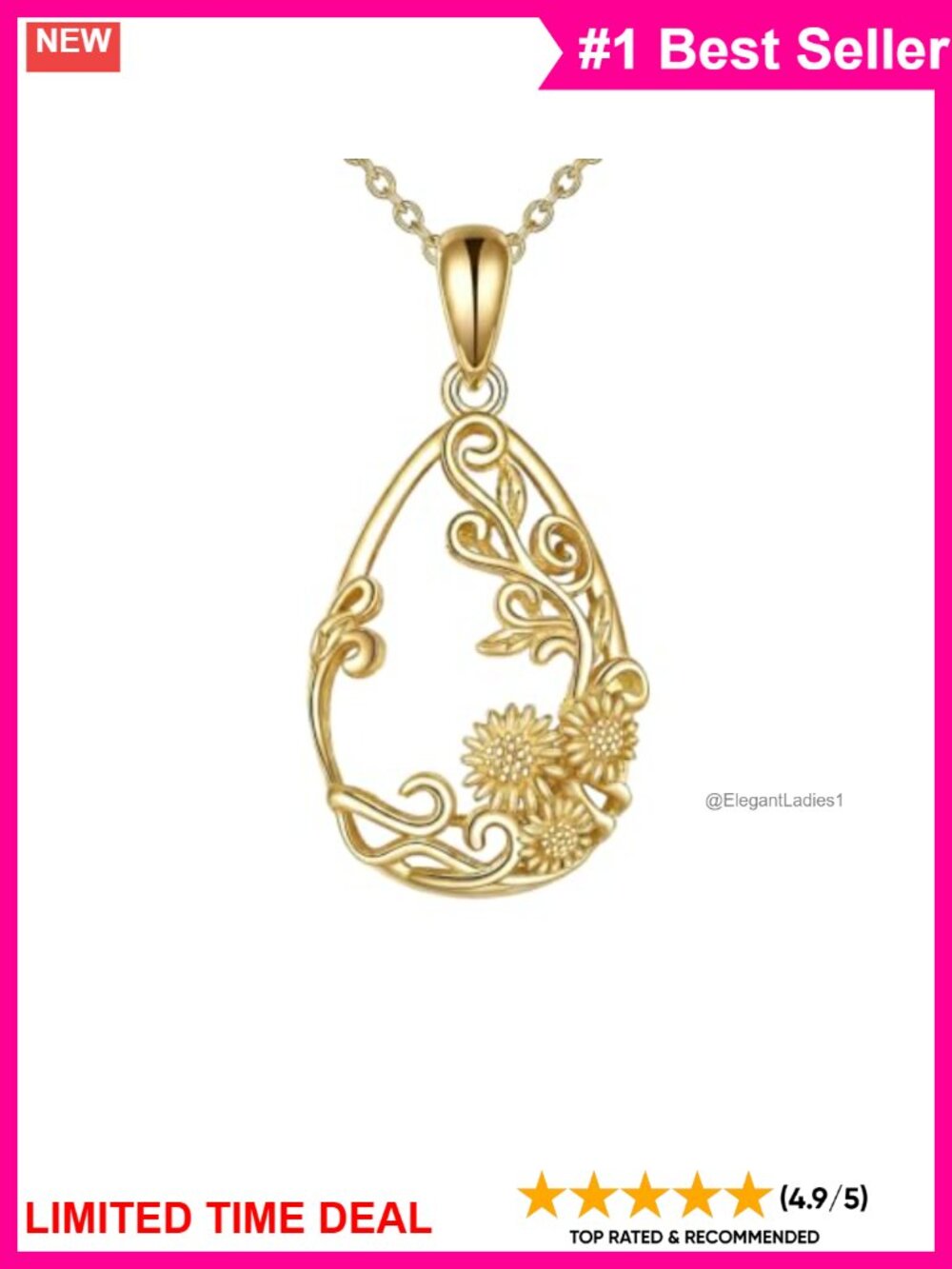 Gold Plated Sunflower Teardrop Pendant Necklace Dainty Layering